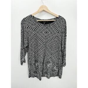 Lucky Brand Top Women 1X Black Microfloral 3/4 Sleeve Stretch Cotton Modal Scoop